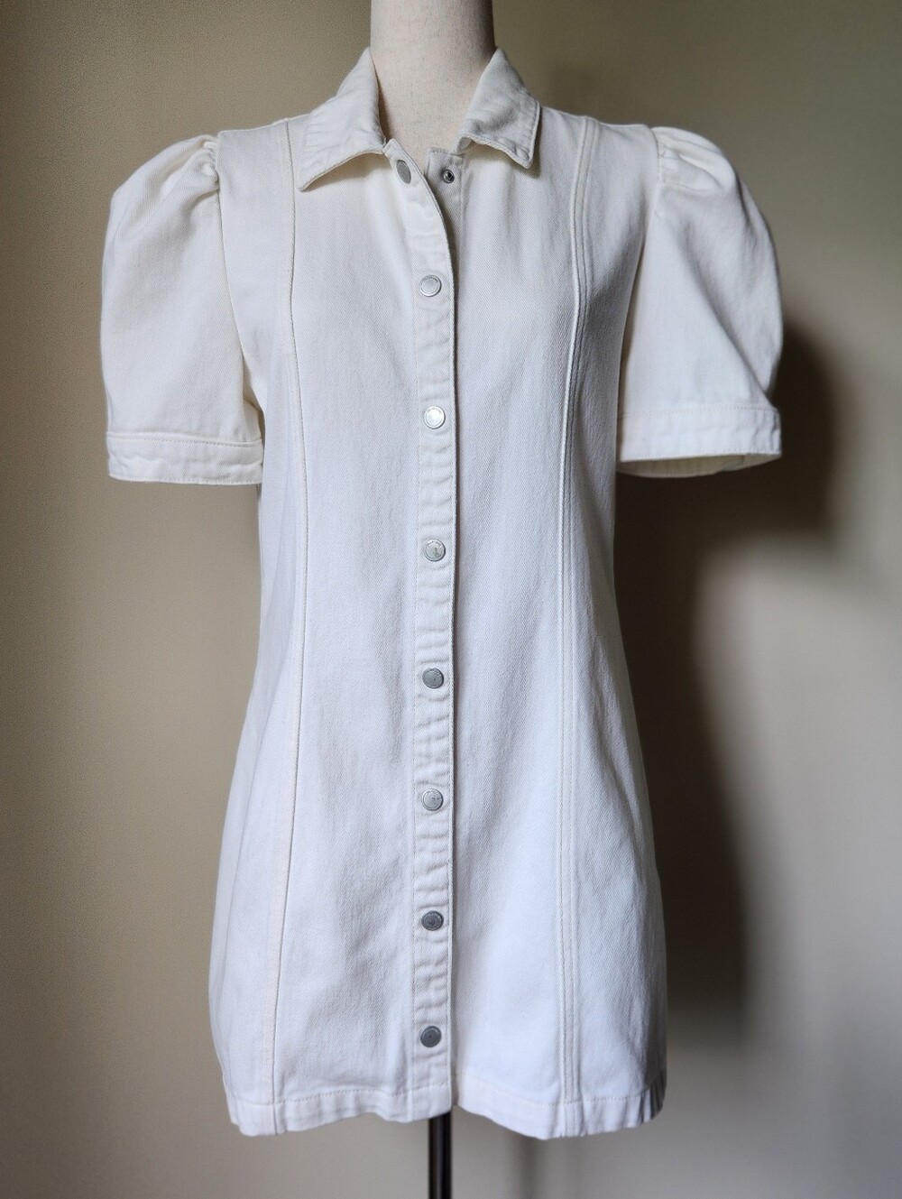 Blank NYC Medium Structured White Denim Puff Sleeve Button Front Mini Dress